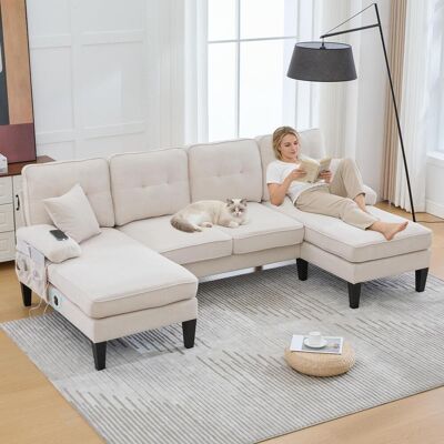 OEM Grand Canapé D'Angle 4 Places En Lin Doux, Dossier Moderne, Avec Deux Méridiennes, Pieds Robustes Et Coussins D'Assise Confortables Agrémentés De Coussins Décoratifs – Élégant Pour Tout Salon. Beige - Publicité OEM Grand Canapé D'Angle 4 Places En Lin Doux, Dossier Moderne, Avec Deux Méridiennes, Pieds Robustes Et Coussins D'Assise Confortables Agrémentés De Coussins Décoratifs – Élégant Pour Tout Salon. Beige - Publicité