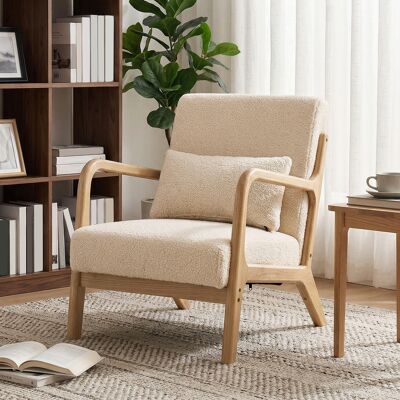 OEM Fauteuil Lounge 3 Coussins Inclus Assise Profonde Accoudoirs Structure Bois Hévéa Aspect Velours Beige - Publicité OEM Fauteuil Lounge 3 Coussins Inclus Assise Profonde Accoudoirs Structure Bois Hévéa Aspect Velours Beige - Publicité