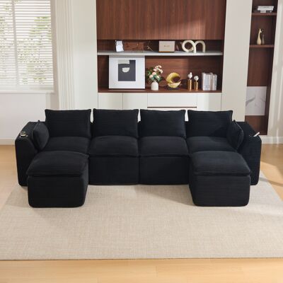 LEMONBEST Canapé Modulable Moderne 4 Places 322x161x75 Cm, Avec 2 Poufs, Coussins, Porte-gobelet Et Poches Latérales, Velours Côtelé, Noir - Publicité LEMONBEST Canapé Modulable Moderne 4 Places 322x161x75 Cm, Avec 2 Poufs, Coussins, Porte-gobelet Et Poches Latérales, Velours Côtelé, Noir - Publicité