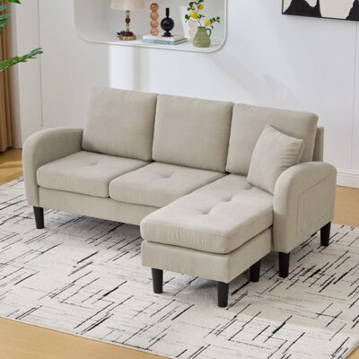 LEMONBEST Canapé D’angle En L 3 Places Beige Clair Avec Méridienne, Coussin Et Poche Latérale, Revêtement Velours Côtelé, 166x118x77 Cm, Style Moderne - Publicité LEMONBEST Canapé D’angle En L 3 Places Beige Clair Avec Méridienne, Coussin Et Poche Latérale, Revêtement Velours Côtelé, 166x118x77 Cm, Style Moderne - Publicité