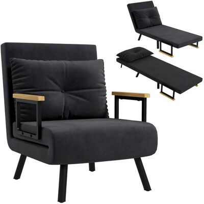 OEM Fauteuil Convertible 4‑en‑1 En Lit 1 Place, Dossier À 5 Positions, Accoudoirs En Bois Et Coussin, Revêtement Velours Noir - Publicité OEM Fauteuil Convertible 4‑en‑1 En Lit 1 Place, Dossier À 5 Positions, Accoudoirs En Bois Et Coussin, Revêtement Velours Noir - Publicité