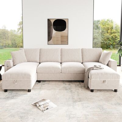 LEMONBEST Canapé U Moderne 4 Places 284x135x84 Cm, Avec 2 Méridiennes Coffres, Port Usb, Type-c Et Rangement Intégré, Tissu Chenille, Beige - Publicité LEMONBEST Canapé U Moderne 4 Places 284x135x84 Cm, Avec 2 Méridiennes Coffres, Port Usb, Type-c Et Rangement Intégré, Tissu Chenille, Beige - Publicité