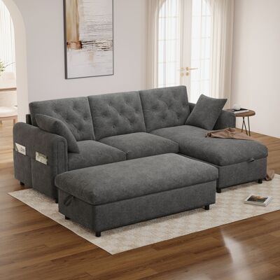 ACKERMAN Canapé Velours Avec Méridienne Et Repose-pieds Rangement, Méridienne Réversible, Accoudoirs Poches, Dossier Capitonné, Gris, 219×131×86cm - Publicité ACKERMAN Canapé Velours Avec Méridienne Et Repose-pieds Rangement, Méridienne Réversible, Accoudoirs Poches, Dossier Capitonné, Gris, 219×131×86cm - Publicité