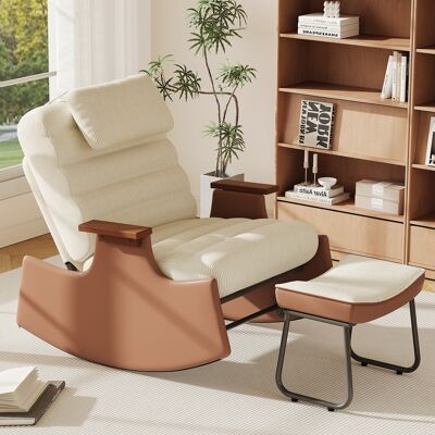 DREAMMESPACE Fauteuil À Bascule Avec Repose-pieds - Dossier Réglable 3 Positions - Tissu Velours Côtelé Avec Appui-tête - Beige Et Marron - Publicité DREAMMESPACE Fauteuil À Bascule Avec Repose-pieds - Dossier Réglable 3 Positions - Tissu Velours Côtelé Avec Appui-tête - Beige Et Marron - Publicité