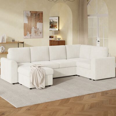 LEMONBEST Canapé D’angle Modulable 6 Places Beige En Velours Côtelé, Canapé En L Avec Pouf Amovible, Mousse Haute Densité, Grand Format Pour Salon - Publicité LEMONBEST Canapé D’angle Modulable 6 Places Beige En Velours Côtelé, Canapé En L Avec Pouf Amovible, Mousse Haute Densité, Grand Format Pour Salon - Publicité