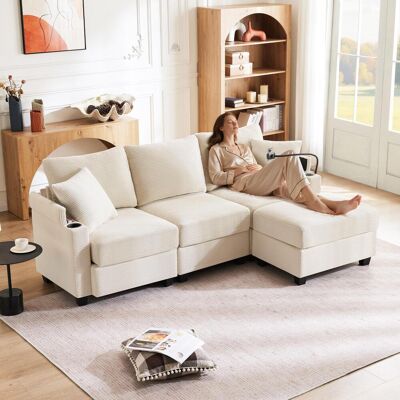 OEM Canapé D'Angle En Forme De L, Convertible En Canapé Trois Places, Avec Pouf, Porte-gobelet, Port De Chargement Usb, Espace De Rangement Dans L'Accoudoir Et Deux Coussins, - Publicité OEM Canapé D'Angle En Forme De L, Convertible En Canapé Trois Places, Avec Pouf, Porte-gobelet, Port De Chargement Usb, Espace De Rangement Dans L'Accoudoir Et Deux Coussins, - Publicité