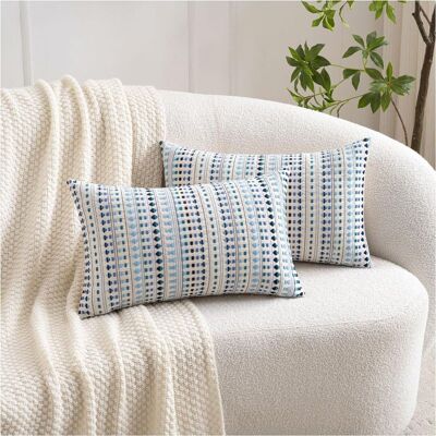 Vision Housses De Coussin Décoratives Bohèmes 30 X 50 Cm, Style Campagnard Neutre Pour Canapé, Lit, Salon, Lot De 2 Taies D'Oreiller Texturées En Coton Rayé Bleu - Publicité Vision Housses De Coussin Décoratives Bohèmes 30 X 50 Cm, Style Campagnard Neutre Pour Canapé, Lit, Salon, Lot De 2 Taies D'Oreiller Texturées En Coton Rayé Bleu - Publicité
