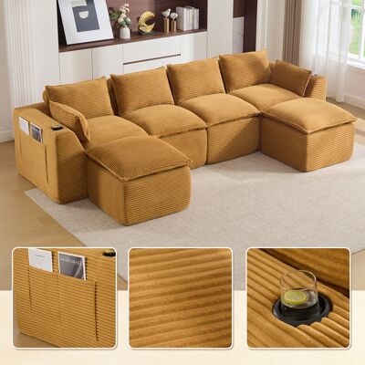 ABAISAN Canapé 4 Places Modulable Avec 2 Repose-pieds, Tissu Velours Côtelé, Assise Mousse Et Ressorts, Rangements Latéraux - Orange - Publicité ABAISAN Canapé 4 Places Modulable Avec 2 Repose-pieds, Tissu Velours Côtelé, Assise Mousse Et Ressorts, Rangements Latéraux - Orange - Publicité