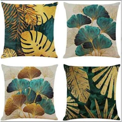Bunthaus Lot De 4 Housses De Coussin Carrées En Lin, Feuilles Vertes Et Dorées, Décoration Élégante Pour Canapé, Salon 45x45cm - Publicité Bunthaus Lot De 4 Housses De Coussin Carrées En Lin, Feuilles Vertes Et Dorées, Décoration Élégante Pour Canapé, Salon 45x45cm - Publicité