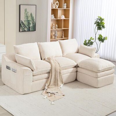 OEM Canapé Modulable Trois Places En Velours Côtelé (avec Repose-pieds) – Comprend Des Coussins De Dossier Et Deux Poches Latérales, - Publicité OEM Canapé Modulable Trois Places En Velours Côtelé (avec Repose-pieds) – Comprend Des Coussins De Dossier Et Deux Poches Latérales, - Publicité