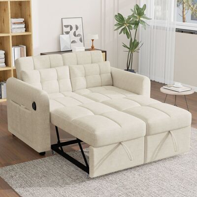 LEMONBEST Canapé Convertible 2 Places 142x85x83 Cm Beige En Coton Lin Avec Dossier 3 Positions, Ports Usb Et Poches Latérales - Publicité LEMONBEST Canapé Convertible 2 Places 142x85x83 Cm Beige En Coton Lin Avec Dossier 3 Positions, Ports Usb Et Poches Latérales - Publicité