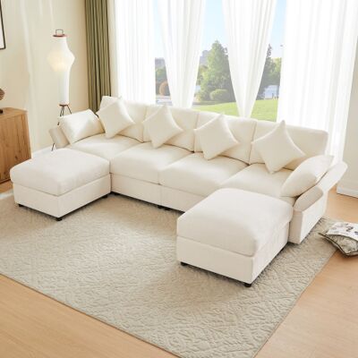 OEM Canapé En Chenille De Forme U/l Avec Deux Poufs, Accoudoirs Réglables, Quatre Coussins Décoratifs Et Deux Appuie-têtes. Publicité OEM Canapé En Chenille De Forme U/l Avec Deux Poufs, Accoudoirs Réglables, Quatre Coussins Décoratifs Et Deux Appuie-têtes. Publicité