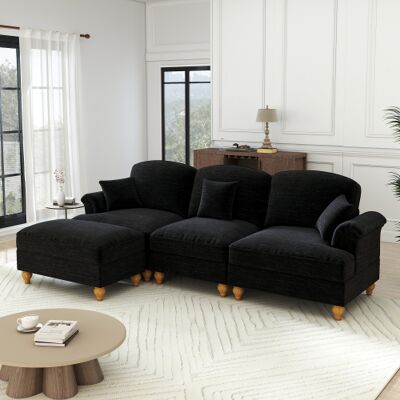 XISRENS Canapé D'Angle 3 Places Modulable Style Années 50, En Chenille Avec Accoudoirs En Forme D'Entonnoir, Ceinture À Volants Amovible, Pieds Fuselés Et Pouf Amovible – Confort D'Assise Optimal Pour Le Salo - Publicité XISRENS Canapé D'Angle 3 Places Modulable Style Années 50, En Chenille Avec Accoudoirs En Forme D'Entonnoir, Ceinture À Volants Amovible, Pieds Fuselés Et Pouf Amovible – Confort D'Assise Optimal Pour Le Salo - Publicité