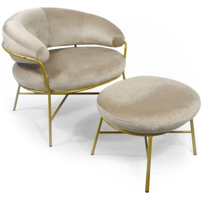 MENZZO Fauteuil + Pouf Nanty Velours Taupe Pieds Or - Publicité MENZZO Fauteuil + Pouf Nanty Velours Taupe Pieds Or - Publicité