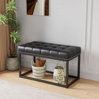 ALLAUVE 36" Banquette Vintage Capitonnée En Similicuir, Structure Métallique Industrielle Noire Pour Entrée, Chambre, Salon Ou Bout De Lit - Publicité ALLAUVE 36" Banquette Vintage Capitonnée En Similicuir, Structure Métallique Industrielle Noire Pour Entrée, Chambre, Salon Ou Bout De Lit - Publicité