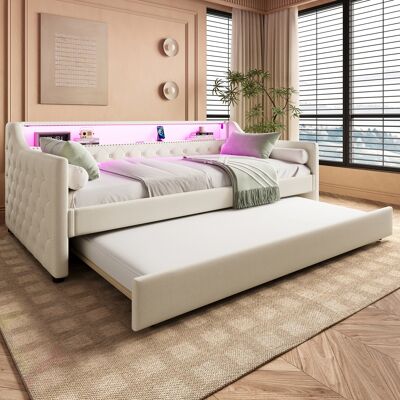 DEVOKO Lit De Jour Canapé-lit 90 X 200cm Lin Beige, Base À Lattes Sans Matelas, Led, Lit Extensible, Port Usb, Design Pour Petit Espace - Publicité DEVOKO Lit De Jour Canapé-lit 90 X 200cm Lin Beige, Base À Lattes Sans Matelas, Led, Lit Extensible, Port Usb, Design Pour Petit Espace - Publicité