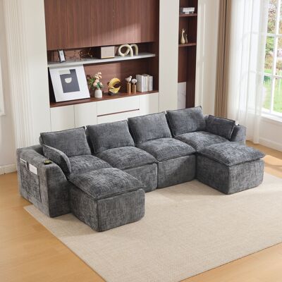 LEMONBEST Canapé 4 Places Modulable Avec 2 Repose-pieds, Tissu Velours Côtelé, Assise Mousse Et Ressorts, Rangements Latéraux - Gris - Publicité LEMONBEST Canapé 4 Places Modulable Avec 2 Repose-pieds, Tissu Velours Côtelé, Assise Mousse Et Ressorts, Rangements Latéraux - Gris - Publicité