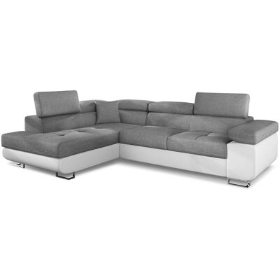 MENZZO Canapé D'Angle Convertible Antoni Avec Têtières Relevables Angle Gauche Simili Blanc Et Tissus Gris Clair - Publicité MENZZO Canapé D'Angle Convertible Antoni Avec Têtières Relevables Angle Gauche Simili Blanc Et Tissus Gris Clair - Publicité