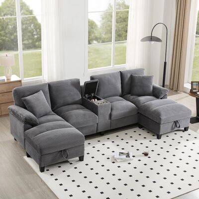 OEM Ce Spacieux Canapé Quatre Places En Forme De U Est Doté D'Un Espace De Rangement, D'Un Revêtement Et De Coussins En Velours Côtelé Surdimensionnés, - Publicité OEM Ce Spacieux Canapé Quatre Places En Forme De U Est Doté D'Un Espace De Rangement, D'Un Revêtement Et De Coussins En Velours Côtelé Surdimensionnés, - Publicité