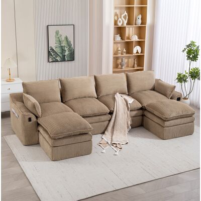 BEAOK Canapé Modulable 4 Places En Velours Côtelé Kaki Avec 2 Poufs, 335x167x85 Cm - Publicité BEAOK Canapé Modulable 4 Places En Velours Côtelé Kaki Avec 2 Poufs, 335x167x85 Cm - Publicité