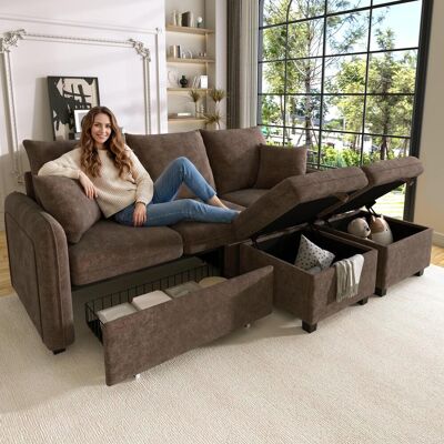OEM Canapé D'Angle Multifonctionnel, Canapé Trois Places En Forme De U Avec Rangement Intégré (tiroirs Inclus) Et Pouf Avec Compartiment De Rangement, Ensemble De Canapés Modulable Convertible, Revêtement - Publicité OEM Canapé D'Angle Multifonctionnel, Canapé Trois Places En Forme De U Avec Rangement Intégré (tiroirs Inclus) Et Pouf Avec Compartiment De Rangement, Ensemble De Canapés Modulable Convertible, Revêtement - Publicité
