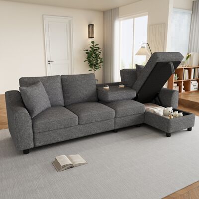LEMONBEST Canapé D’angle L 4 Places 280x136x82 Cm, Avec Méridienne Coffre, Dossier Rabattable Et Porte-gobelets, Tissu Chenille, Gris - Publicité LEMONBEST Canapé D’angle L 4 Places 280x136x82 Cm, Avec Méridienne Coffre, Dossier Rabattable Et Porte-gobelets, Tissu Chenille, Gris - Publicité