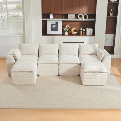 LEMONBEST Canapé Modulable Moderne 4 Places 322x161x75 Cm, Avec 2 Poufs, Coussins, Porte-gobelet Et Poches Latérales, Velours Côtelé, Beige - Publicité LEMONBEST Canapé Modulable Moderne 4 Places 322x161x75 Cm, Avec 2 Poufs, Coussins, Porte-gobelet Et Poches Latérales, Velours Côtelé, Beige - Publicité