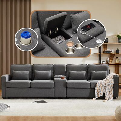 OEM Canapé Moderne Quatre Places, Revêtu De Lin, Avec Console, Deux Porte-gobelets, Deux Ports De Chargement Usb Avec Câbles, Poches Dans Les Accoudoirs Et Quatre Coussins Design Minimaliste, - Publicité OEM Canapé Moderne Quatre Places, Revêtu De Lin, Avec Console, Deux Porte-gobelets, Deux Ports De Chargement Usb Avec Câbles, Poches Dans Les Accoudoirs Et Quatre Coussins Design Minimaliste, - Publicité