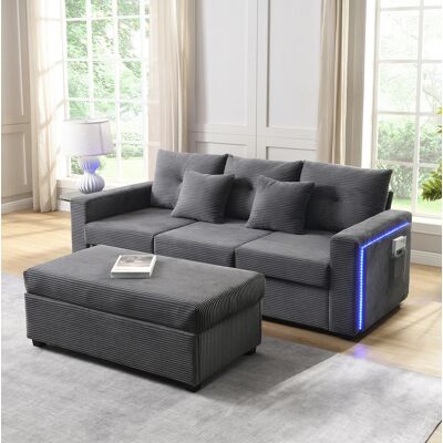 BEAOK Canapé 3 Places En Tissu Côtelé Gris Antique Avec Ottoman Amovible Et Led, Assise Épaisse 15 Cm - Publicité BEAOK Canapé 3 Places En Tissu Côtelé Gris Antique Avec Ottoman Amovible Et Led, Assise Épaisse 15 Cm - Publicité