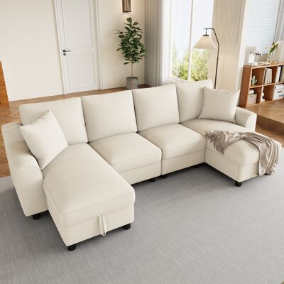 LEMONBEST Canapé U Moderne 4 Places 280x137x84 Cm, Avec 2 Méridiennes À Rangement Relevable Et 2 Coussins, Pour Salon, Tissu Chenille, Beige - Publicité LEMONBEST Canapé U Moderne 4 Places 280x137x84 Cm, Avec 2 Méridiennes À Rangement Relevable Et 2 Coussins, Pour Salon, Tissu Chenille, Beige - Publicité