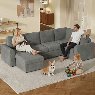 MODERNLUXE Canapé D'Angle En Velours Côtelé En Forme De L - Avec Accoudoirs - 1 Repose-pieds Portable - Gris - Publicité MODERNLUXE Canapé D'Angle En Velours Côtelé En Forme De L - Avec Accoudoirs - 1 Repose-pieds Portable - Gris - Publicité