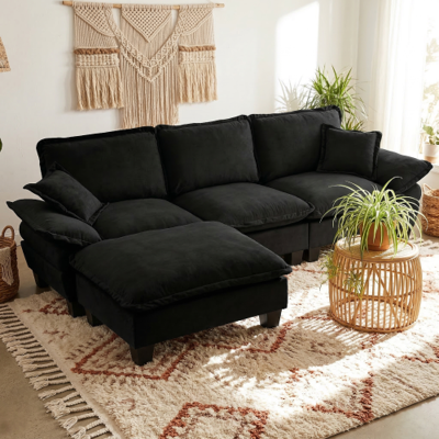 OEM Le Canapé En Forme De L, Avec Son Design Nuageux, Comprend Un Repose-pieds Amovible Et Deux Coussins Moelleux En Tissu Chenille Confortable. Publicité OEM Le Canapé En Forme De L, Avec Son Design Nuageux, Comprend Un Repose-pieds Amovible Et Deux Coussins Moelleux En Tissu Chenille Confortable. Publicité
