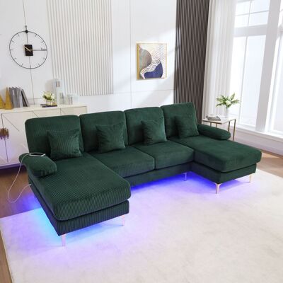 ACKERMAN Canapé En U Moderne Avec Éclairage Led D'Ambiance Et Port Usb-c, Cadre En Bois Massif, 4 Coussins Luxueux Et Dossier Ergonomique Premium Pour Confort Maximal, Vert Foncé - Publicité ACKERMAN Canapé En U Moderne Avec Éclairage Led D'Ambiance Et Port Usb-c, Cadre En Bois Massif, 4 Coussins Luxueux Et Dossier Ergonomique Premium Pour Confort Maximal, Vert Foncé - Publicité
