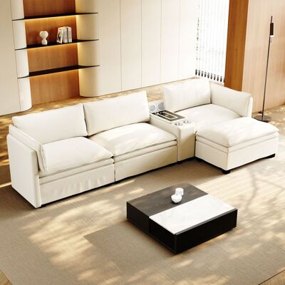 LEMONBEST Canapé D'Angle Modulaire En L 315 Cm - Rangement Ottoman Charge Sans Fil Haut-parleurs - Pour Salon Bureau - Tissu Chenille - Beige - Publicité LEMONBEST Canapé D'Angle Modulaire En L 315 Cm - Rangement Ottoman Charge Sans Fil Haut-parleurs - Pour Salon Bureau - Tissu Chenille - Beige - Publicité