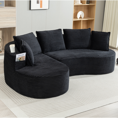 BEAOK Canapé En Tissu Côtelé Noir 250x152x82 Cm, Design Arrondi Avec Porte-gobelets, Poches Latérales Et Coussin - Publicité BEAOK Canapé En Tissu Côtelé Noir 250x152x82 Cm, Design Arrondi Avec Porte-gobelets, Poches Latérales Et Coussin - Publicité