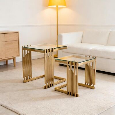 OEM 2 Stück Modern Square End Tisch Set Für Wohnzimmer Kleiner Gold Beistelltisch Mit Klarem Gehärtetem Glas Schreibtisch Und Goldene Edelstahl Beine Für Schlafzimmer Sofa Balkon - Publicité OEM 2 Stück Modern Square End Tisch Set Für Wohnzimmer Kleiner Gold Beistelltisch Mit Klarem Gehärtetem Glas Schreibtisch Und Goldene Edelstahl Beine Für Schlafzimmer Sofa Balkon - Publicité