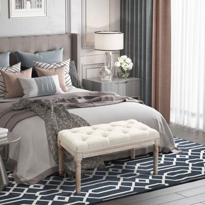 OEM Homcom Banc Banquette Classique Capitonné 80cm Bout De Lit Rembourrée En Lin - Bois D'Hévéa Sculpté, Patiné - Beige - Publicité OEM Homcom Banc Banquette Classique Capitonné 80cm Bout De Lit Rembourrée En Lin - Bois D'Hévéa Sculpté, Patiné - Beige - Publicité