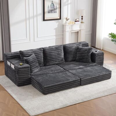 OEM Canapé-lit En Velours Côtelé À Compression Avec Dossier Haut, Coussins Supplémentaires, Poches Latérales Et Porte-gobelet Se Déplie En Canapé-lit Tissu Doux Pour Un Confort Optimal Gris Foncé. Publicité OEM Canapé-lit En Velours Côtelé À Compression Avec Dossier Haut, Coussins Supplémentaires, Poches Latérales Et Porte-gobelet Se Déplie En Canapé-lit Tissu Doux Pour Un Confort Optimal Gris Foncé. Publicité