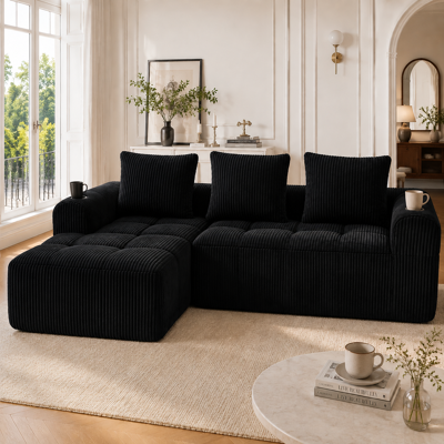 ALLAUVE Canapé Modulable Velours Côtelé Noir – Confort Longue Durée, 3 Coussins, Poche Latérale + Porte-gobelet. Idéal Salon, Bureau. Publicité ALLAUVE Canapé Modulable Velours Côtelé Noir – Confort Longue Durée, 3 Coussins, Poche Latérale + Porte-gobelet. Idéal Salon, Bureau. Publicité