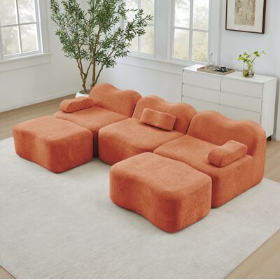 BEAOK Canapé Modulaire En U 3 Places En Velours Orange Avec 2 Ottomans, Assise Profonde - Publicité BEAOK Canapé Modulaire En U 3 Places En Velours Orange Avec 2 Ottomans, Assise Profonde - Publicité