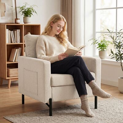 OEM Fauteuil De Salon Canapé 1 Place Rembourré - Accoudoirs, Assise Large, Pieds En Acier, 73x77x87cm, Beige - Publicité OEM Fauteuil De Salon Canapé 1 Place Rembourré - Accoudoirs, Assise Large, Pieds En Acier, 73x77x87cm, Beige - Publicité