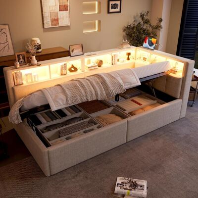 OEM Lit De Jour, Canapé-lit, 90 × 200 Cm, Ports Usb Et Type-c, Système De Rangement Hydraulique, Multiples Compartiments De Rangement, Éclairage Led Multicolore, Sans Matelas, Linge De Lit, Beige - Publicité OEM Lit De Jour, Canapé-lit, 90 × 200 Cm, Ports Usb Et Type-c, Système De Rangement Hydraulique, Multiples Compartiments De Rangement, Éclairage Led Multicolore, Sans Matelas, Linge De Lit, Beige - Publicité