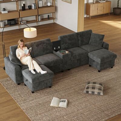 ACKERMAN Canapé D'Angle En Velours Côtelé Gris, Comprenant 2 Poufs Avec Rangement, 1 Table Basse, 2 Porte-gobelets, 1 Port Usb, 2 Prises De Courant Et 2 Ports Usb-c 315 × 81 × 135 Cm - Publicité ACKERMAN Canapé D'Angle En Velours Côtelé Gris, Comprenant 2 Poufs Avec Rangement, 1 Table Basse, 2 Porte-gobelets, 1 Port Usb, 2 Prises De Courant Et 2 Ports Usb-c 315 × 81 × 135 Cm - Publicité