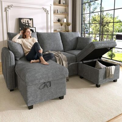 OEM Canapé D'Angle Multifonctionnel, Canapé Trois Places En Forme De U Avec Rangement Intégré (tiroirs Inclus) Et Pouf Avec Compartiment De Rangement, Ensemble De Canapés Modulable Convertible, Revêtement - Publicité OEM Canapé D'Angle Multifonctionnel, Canapé Trois Places En Forme De U Avec Rangement Intégré (tiroirs Inclus) Et Pouf Avec Compartiment De Rangement, Ensemble De Canapés Modulable Convertible, Revêtement - Publicité