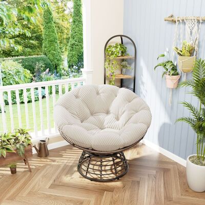 DEVOKO Chaise Papasan Osier Pivotante 360° Coussin Blanc Velours Côtelé Cadre Marron, Aménagement Confortable Salon Et Chambre - Publicité DEVOKO Chaise Papasan Osier Pivotante 360° Coussin Blanc Velours Côtelé Cadre Marron, Aménagement Confortable Salon Et Chambre - Publicité
