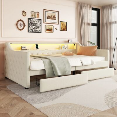 ACKERMAN Méridienne, 90 X 200cm, Canapé Lit, Lit De Jour Avec Sommier À Lattes (sans Matelas), Éclairage D'Ambiance Avec Télécommande, Lit Avec Deux Tiroirs, Port De Charge Usb, Lin, Beige - Publicité ACKERMAN Méridienne, 90 X 200cm, Canapé Lit, Lit De Jour Avec Sommier À Lattes (sans Matelas), Éclairage D'Ambiance Avec Télécommande, Lit Avec Deux Tiroirs, Port De Charge Usb, Lin, Beige - Publicité