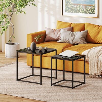 OEM Beistelltisch 2er-set Couchtisch-set Kaffeetisch Mit Glastischplatte Quadratischer Sofatisch Aus Stahl Schwarz Für Wohnzimmer - Publicité OEM Beistelltisch 2er-set Couchtisch-set Kaffeetisch Mit Glastischplatte Quadratischer Sofatisch Aus Stahl Schwarz Für Wohnzimmer - Publicité