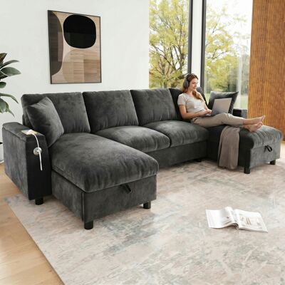 ACKERMAN Canapé Moderne En Chenille En Forme De U (deux Places + Deux Méridiennes), Méridiennes Avec Espace De Rangement Pliable, Équipé D'Un Port Usb Et D'Un Port Usb-c, Gris, 284 × 135 × 84 Cm - Publicité ACKERMAN Canapé Moderne En Chenille En Forme De U (deux Places + Deux Méridiennes), Méridiennes Avec Espace De Rangement Pliable, Équipé D'Un Port Usb Et D'Un Port Usb-c, Gris, 284 × 135 × 84 Cm - Publicité