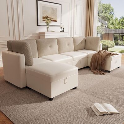 OEM Canapé D'Angle Modulable En U À 6 Modules Avec Rangement – Canapé D'Angle Multifonctionnel Pour Salon, Convertible En Canapé D'Angle/lit De Jour/fauteuil, Velours Et Velours Côtelé Contrastés, Mousse - Publicité OEM Canapé D'Angle Modulable En U À 6 Modules Avec Rangement – Canapé D'Angle Multifonctionnel Pour Salon, Convertible En Canapé D'Angle/lit De Jour/fauteuil, Velours Et Velours Côtelé Contrastés, Mousse - Publicité