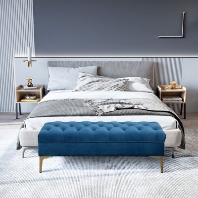 OEM Homcom Banc Banquette Capitonné (118x45x42cm) - Style Classique Chic, Piètement Métal Doré, Velours Bleu - Publicité OEM Homcom Banc Banquette Capitonné (118x45x42cm) - Style Classique Chic, Piètement Métal Doré, Velours Bleu - Publicité